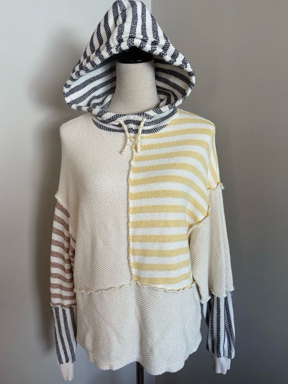 Desigual Cremona Striped Patchwork Lightweight Hoodie Ivory Blue Beach Medium‎